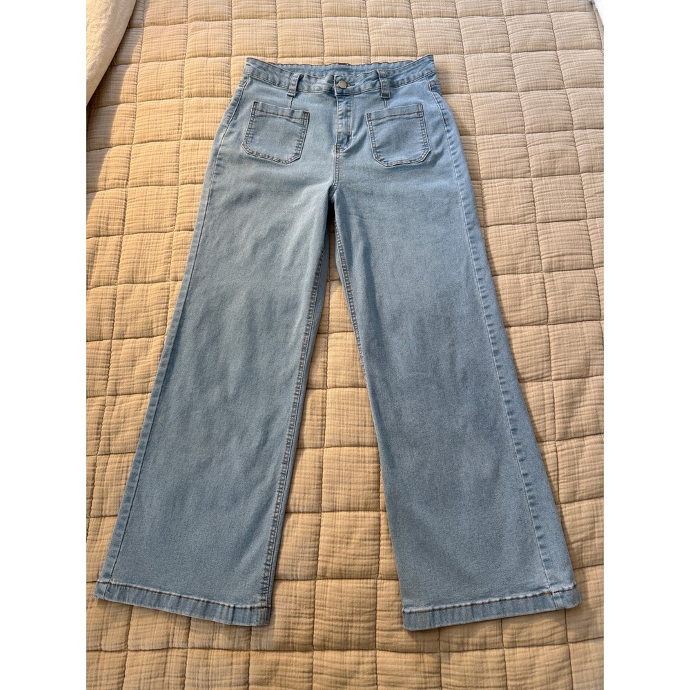 Unbranded Jeans Women XL Blue Wide Leg High Rise Front Patch Pockets Stretch